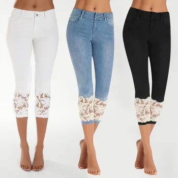 2023 Летние брюки-капри, кружевные эластичные женские джинсы длиной до икр, обтягивающие укороченные джоггинги, джинсовые брюки стрейчевые брюки 3/4