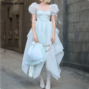 2023 Милая принцесса с бантом из поперечной веревки спереди, нерегулярное бальное платье, Миди, платье из органзы, женское платье с пышными рукавами, мини-волшебный халат для торта