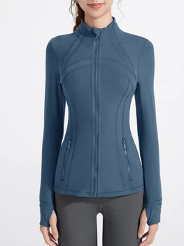 2023 Новая всесезонная женская куртка с однотонным воротником-стойкой, тонкая спортивная куртка для бега, фитнеса, куртки на молнии с длинным рукавом, пальто для женщин