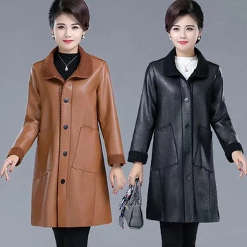 2023 Новая двусторонняя одежда, кожаные Пуховики, женские куртки среднего возраста, осенне-зимние пальто с флисовой подкладкой, пальто из искусственной кожи
