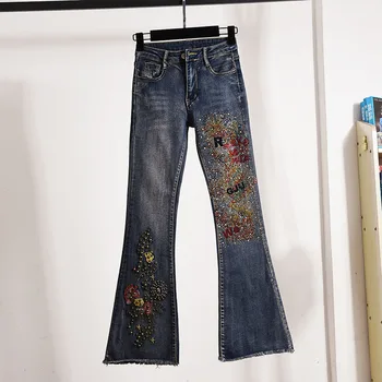 2023 Новые весенне-осенние темно-синие джинсы для женщин с вышивкой бисером горячего сверления, длинные джинсовые брюки с высокой талией, повседневные расклешенные брюки