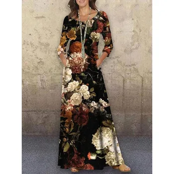 2023 Осеннее новое женское платье с круглым вырезом и длинным рукавом, цветочная 3D печать, повседневный женский костюм в богемном стиле