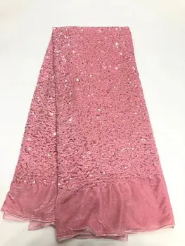 2023 розовая новейшая нигерийская бархатная кружевная ткань с высококачественными 3D блестками Африканская кружевная ткань, сшитая из мягкого бархатного кружева для свадебных вечеринок