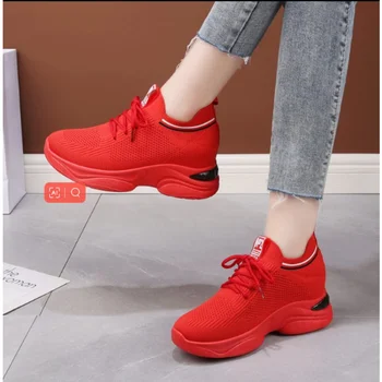 2023классические женские сетчатые кроссовки в корейском стиле, однотонные дышащие туфли на шнуровке с толстой подошвой, увеличивающие рост.