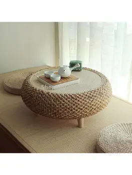 50X50X25 / 60X60X25 СМ Соломенный журнальный столик в японском стиле для эркерного окна, низкий напольный столик, японский чайный столик для гостиной