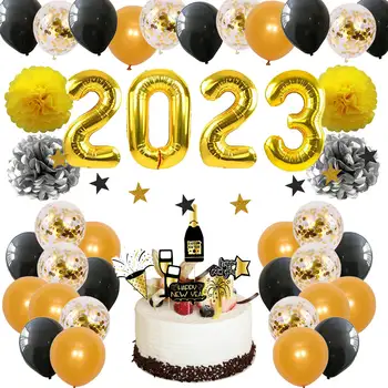 61шт Новогодний тематический набор для вечеринки с воздушными шарами 2023, цифровой новогодний баннер, бумажные украшения с цветочным шаром