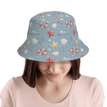 AnchorOcean Blue Starfish Полиэфирные шляпы-ведра Унисекс, Панама с полным принтом, Рыбацкая кепка, Уличная Солнцезащитная шляпа