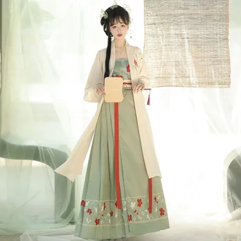 Gaun Hanfu hijau 3 buah Set gaun Maxi mengalir Cina gaun bordir wanita kuno Tiongkok untuk menembak wisuda