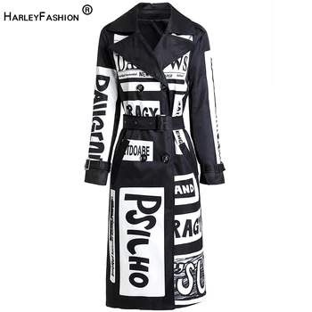 HarleyFashion 2023, осенне-зимнее женское длинное пальто с буквенным принтом, Стильная уличная ветровка с граффити, качественная повседневная ветровка, тренч
