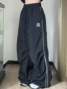 HOUZHOU, Черные Широкие брюки-парашют, Женские винтажные повседневные брюки Оверсайз 90-х, женская уличная одежда Gorpcore Harajuku