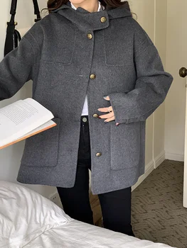 HTBT2023, Осенне-зимнее новое двустороннее плюшевое пальто, женское пальто в стиле колледжа, Серое с металлической пряжкой, универсальное шерстяное пальто