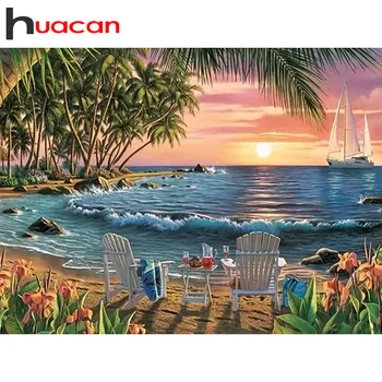 Huacan Diamond Painting Новые Поступления Пляж Дерево Солнце Набор для вышивания Мозаичный Пейзаж Подарок ручной работы 30x40 см Украшение дома