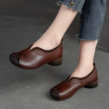 Johnature 2023, Новые женские туфли-лодочки из натуральной кожи ручной работы в стиле ретро С круглым носком на мягкой подошве, удобные неглубокие туфли на низком каблуке без застежки