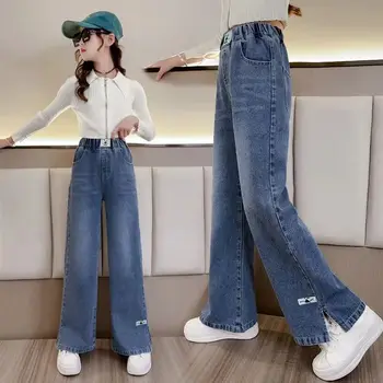 PTKPCC Джинсы в повседневном стиле для девочек, подростковая одежда, эластичные джинсовые широкие брюки с высокой талией, весенние прямые брюки для больших детей