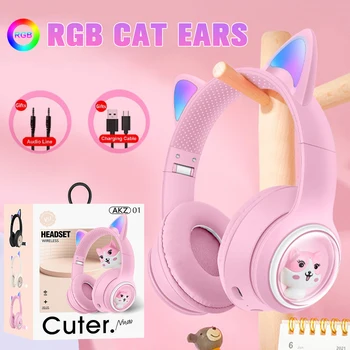 RGB гарнитура с кошачьими ушками, наушники с микрофоном, беспроводные наушники HIFI Bluetooth, наушники 3D Space Capsule для школьников, подарок для девочек