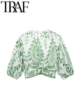 TRAF Green 2023 Летняя Открытая Женская повседневная блузка с V-образным вырезом и пышными рукавами с вышивкой, Тонкая рубашка, Женский укороченный топ Y2K