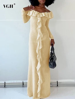 VGH, однотонное платье для похудения с разрезом, с вырезом лодочкой, с длинным рукавом, с высокой талией, с рюшами в стиле пэчворк, темпераментные платья, женская мода