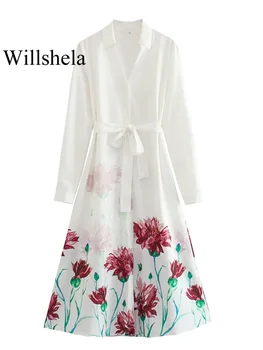 Willshela Женское Модное Однобортное платье Миди с принтом на поясе, винтажное платье с отворотом и длинными рукавами, женские Шикарные платья для леди