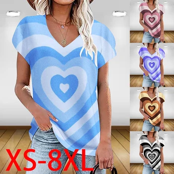 XS-8XL Летняя модная женская однотонная тонкая футболка с V-образным вырезом и короткими рукавами, повседневная и удобная футболка, женский плюс Размер