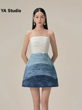 [YA Studio] Новое джинсовое градиентно-синее платье с бюстгальтером на подтяжках 2023, Летняя осенняя мода