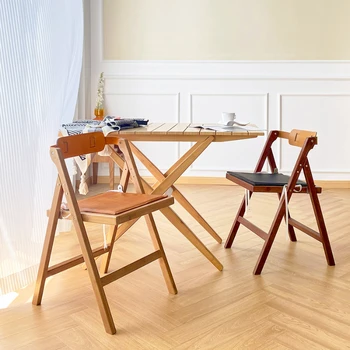 Бамбуковые стулья цвета орехового дерева, кожаное седло, обеденный стул со спинкой, складной стул из массива дерева для кемпинга на открытом воздухе