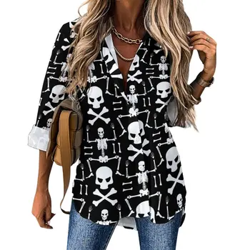 Блузка со скелетом, Женские костяные Черепа, Классические Свободные блузки, Летние Рубашки Kawaii с длинными рукавами, Дизайнерский топ, Большой размер 2XL 3XL