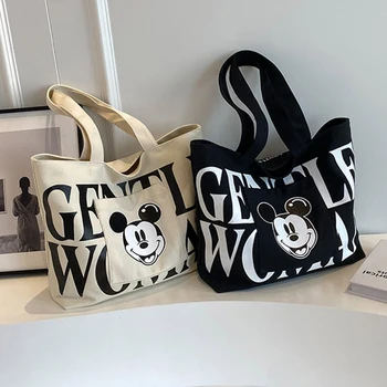 Большая вместительная джентльменская сумка с Микки Маусом, черно-белая сумка-тоут, сумка с мультяшным принтом, сумка для покупок, холщовая сумка для подгузников на мамино плечо