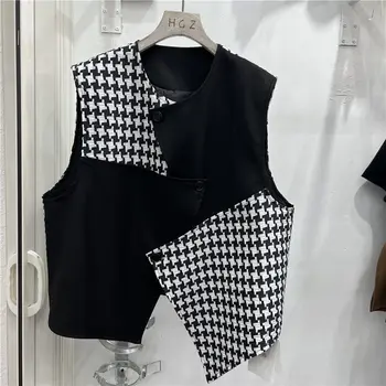 Верхняя одежда в стиле пэчворк Qianniao grid, жилет, куртка для женщин, весна 2023, дизайнерский стиль, популярный среди нишевых жилетов без рукавов на плечах