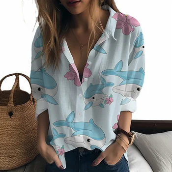 Весна и осень, новая женская рубашка, модный тренд, женская рубашка с 3D принтом маленькой акулы, женская рубашка в милом стиле, женская рубашка