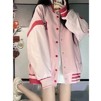 Винтажная розовая куртка-бомбер Y2k, женская корейская модная уличная одежда, негабаритные спортивные куртки с милой вышивкой, свободные куртки для колледжа