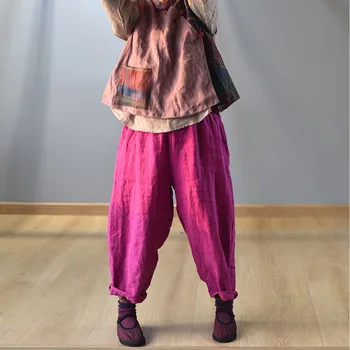Винтажные льняные Широкие брюки для женщин, 5 Цветов, брюки с эластичной резинкой на талии, 2023, Новые Летние Женские Элегантные брюки с карманами, FT681