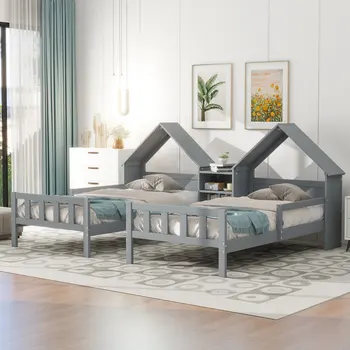 Двуспальная Кровать Twin Size, Кровать в форме домика, Простая дизайнерская кровать-платформа с изголовьем в форме домика и встроенной тумбочкой, Детская кровать