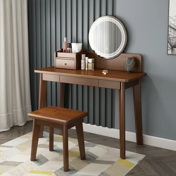 деревянный комод письменный стол один простой практичный столик для макияжа чистая красная домашняя спальня маленький комод с подсветкой туалетный столик