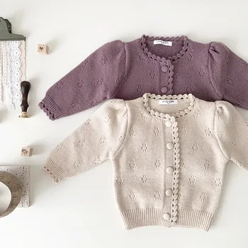 Детские свитера, винтажная вязаная одежда для девочек, кардиганы с воротником ручной работы, утепленные кардиганы