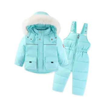 Детский зимний меховой зимний комбинезон для мальчиков и девочек Плюс бархатное утолщенное теплое ветрозащитное хлопчатобумажное пальто + зимние штаны, 2 комплекта курток с капюшоном