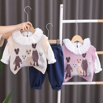 Детский комплект из трех предметов, осенняя модная детская одежда, свитер, блузка и джинсы с медвежонком для девочек