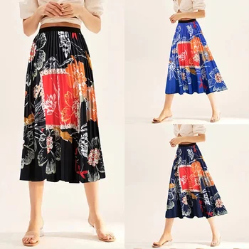 Длинная юбка в стиле ретро с цветочным принтом и складками для женщин
