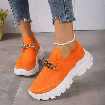 Европа Америка 2023 Весна Осень Модная повседневная обувь с металлическими цепочками, вязаная обувь с толстой подошвой, сетчатые дышащие кроссовки для женщин
