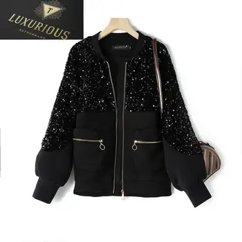 Европейские куртки для женщин 2023, Зимняя мода, черное пальто с блестками и воротником-стойкой, женская куртка, Женская одежда Vadim 4XL