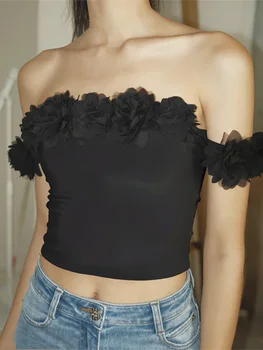 Женская блузка Y2K в стиле ретро Fairycore с 3D цветочной отделкой с открытыми плечами, облегающие укороченные топы, летние рубашки с коротким рукавом, сексуальные топы в стиле харадзюку