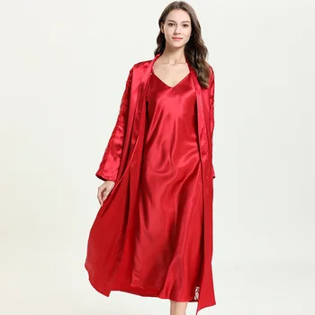Женская длинная пижама из искусственного шелка, висячая юбка, халат, комплект из двух предметов, Сексуальный халат на шнуровке, однотонная домашняя одежда
