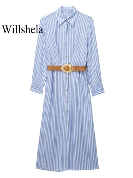Женская мода С поясом, полосатое однобортное платье-рубашка Миди, винтажный вырез с лацканами, Длинные рукава, женские шикарные платья