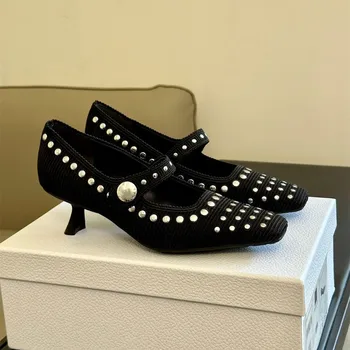 Женская обувь Mary Janes, размер 35-41, Весна-осень, Новая эластичная ткань, Дизайнерская обувь на высоком каблуке, Заклепки, металлические украшения, туфли-лодочки