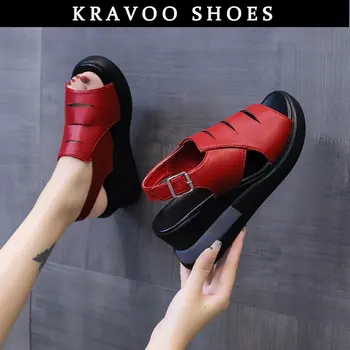 Женская обувь на танкетке KRAVOO, женские босоножки на платформе с полым ремешком и пряжкой, женские тапочки, пляжные горки с открытым носком на мягкой подошве, женские 2023 г.