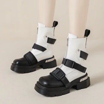 Женская обувь новейшего дизайна 2023 года, женские ботинки в черно-белом цветовом блоке, зимняя модная обувь на платформе с круглым носком в стиле панк-готик
