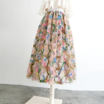 Женская юбка с красочной вышивкой и эластичным поясом, кружевная длинная юбка aline ol, модная новая женская одежда