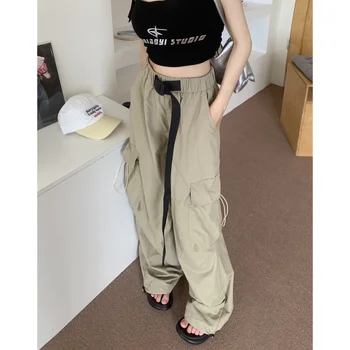 Женские брюки-карго цвета Хаки с высокой талией, американские широкие брюки в стиле Y2K, модная уличная одежда, винтажные женские осенние прямые брюки