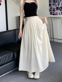 Женские повседневные длинные юбки с эластичной талией, винтажная летняя уличная одежда в стиле харадзюку, однотонная элегантная юбка в корейском стиле