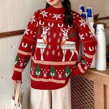 Женский зимний рождественский свитер с полупрозрачным воротником, вязаный топ с оленьим принтом, свитер с длинным рукавом в рождественском стиле, повседневная одежда
