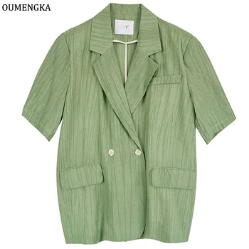 Женский летний офисный блейзер зеленого цвета, качественное пальто, Модный вырез горловины, шифоновая верхняя одежда с коротким рукавом, Стильная